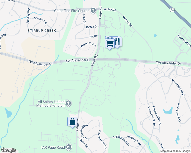map of restaurants, bars, coffee shops, grocery stores, and more near 1115 Neighborly Way in Morrisville