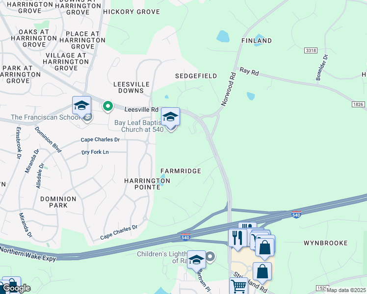 map of restaurants, bars, coffee shops, grocery stores, and more near 5956 Dunzo Drive in Raleigh