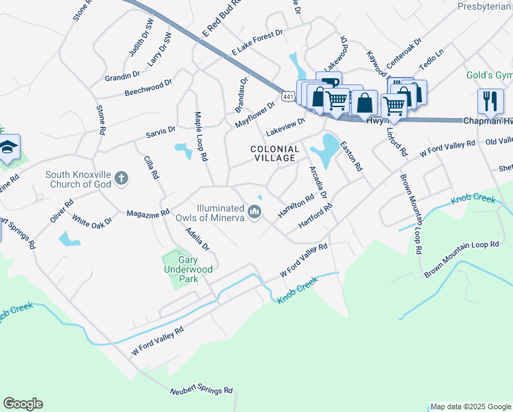 map of restaurants, bars, coffee shops, grocery stores, and more near 6020 Magazine Road in Knoxville