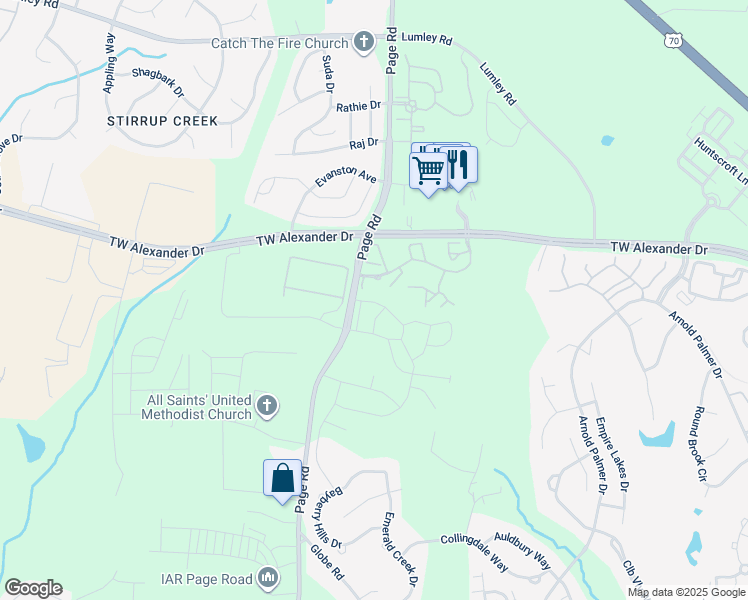 map of restaurants, bars, coffee shops, grocery stores, and more near 1115 Neighborly Way in Morrisville
