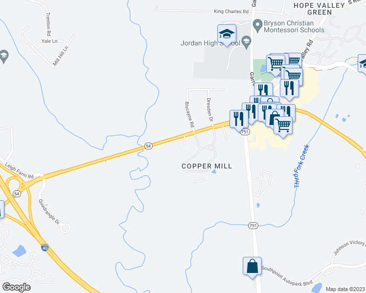 map of restaurants, bars, coffee shops, grocery stores, and more near 14 Mandy Court in Durham