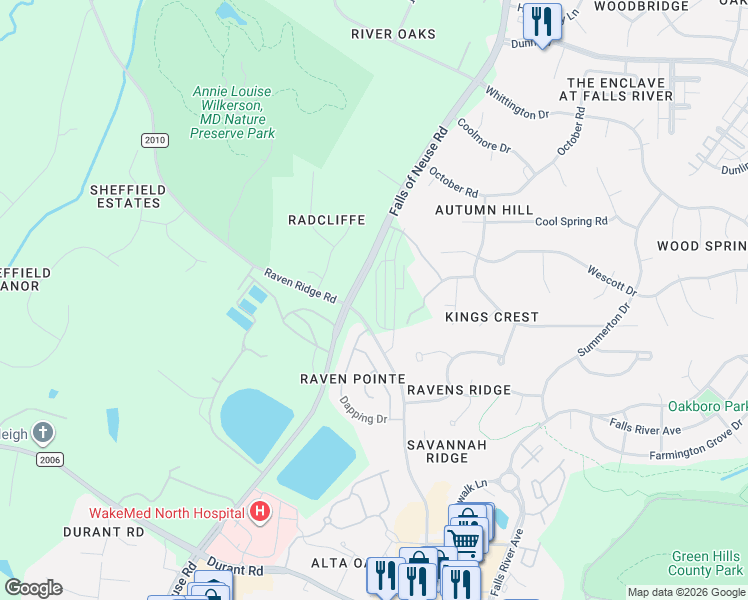 map of restaurants, bars, coffee shops, grocery stores, and more near 10600 Falls of Neuse Road in Raleigh