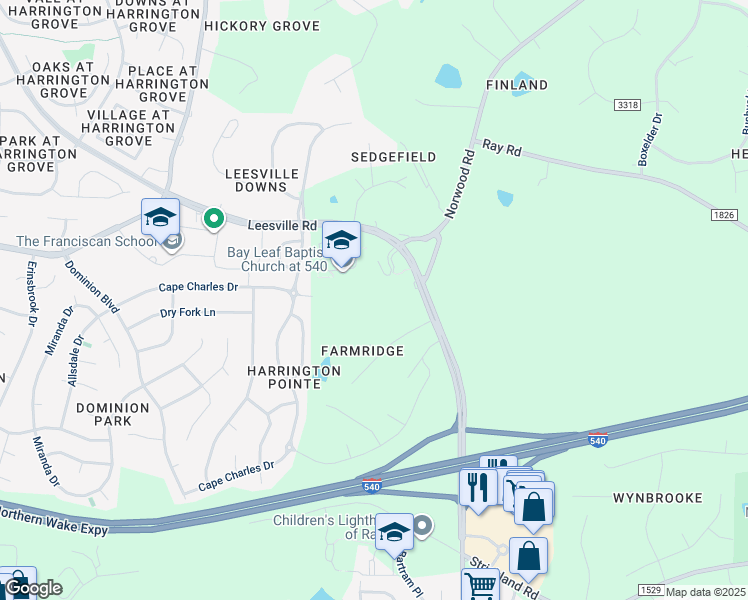 map of restaurants, bars, coffee shops, grocery stores, and more near 5950 Dunzo Drive in Raleigh