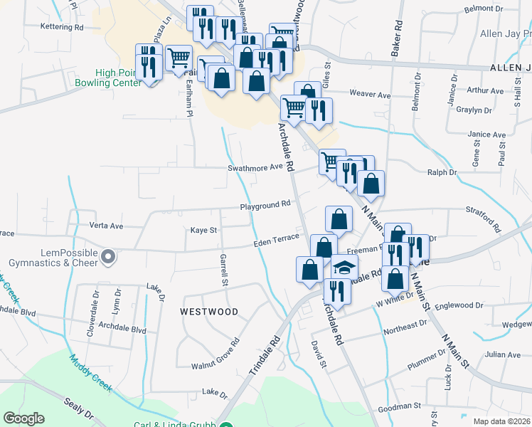 map of restaurants, bars, coffee shops, grocery stores, and more near 312 Playground Road in Archdale