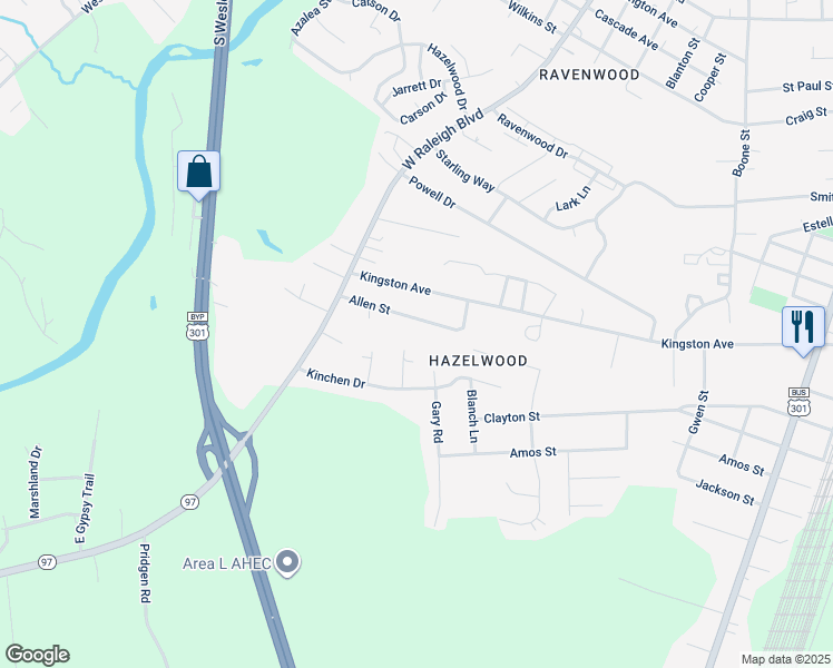 map of restaurants, bars, coffee shops, grocery stores, and more near Allen Street in Rocky Mount
