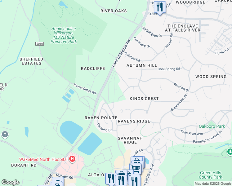 map of restaurants, bars, coffee shops, grocery stores, and more near 10600 Falls of Neuse Road in Raleigh