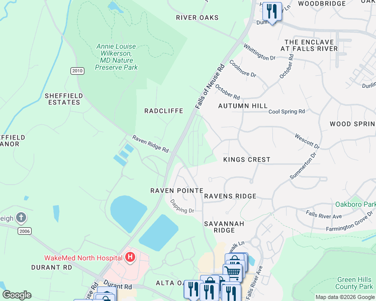 map of restaurants, bars, coffee shops, grocery stores, and more near 10600 Falls of Neuse Road in Raleigh