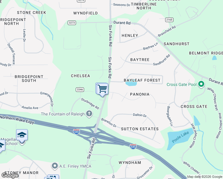 map of restaurants, bars, coffee shops, grocery stores, and more near 10017 Six Forks Road in Raleigh