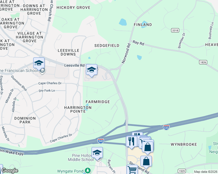 map of restaurants, bars, coffee shops, grocery stores, and more near 10909 State Road 1529 in Raleigh