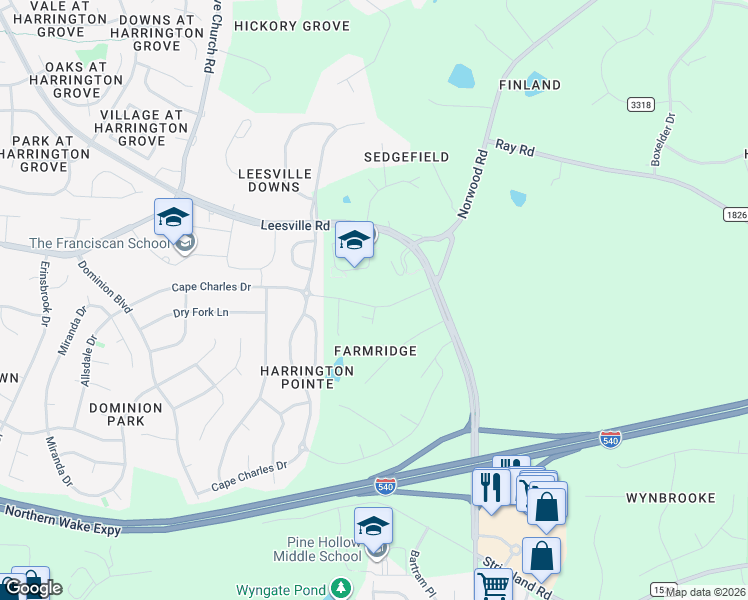 map of restaurants, bars, coffee shops, grocery stores, and more near 10921 Leesville Road in Raleigh