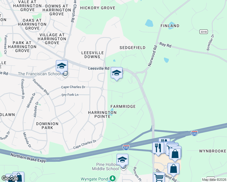 map of restaurants, bars, coffee shops, grocery stores, and more near 6114 Dunzo Drive in Raleigh