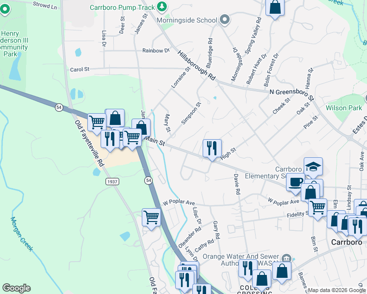 map of restaurants, bars, coffee shops, grocery stores, and more near 98 Pine Hill Drive in Carrboro