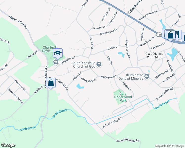map of restaurants, bars, coffee shops, grocery stores, and more near 5624 Magazine Road in Knoxville