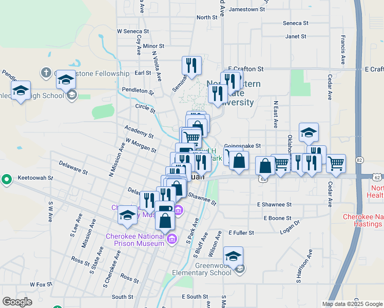 map of restaurants, bars, coffee shops, grocery stores, and more near 109 Spring Street in Tahlequah