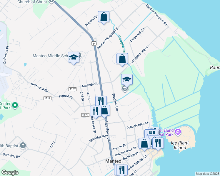 map of restaurants, bars, coffee shops, grocery stores, and more near 922 Wingina Avenue in Manteo