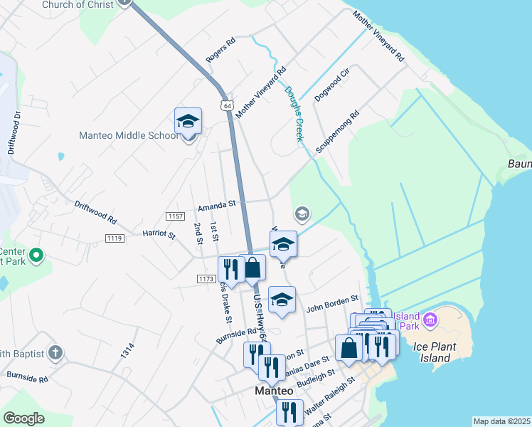 map of restaurants, bars, coffee shops, grocery stores, and more near 922 Wingina Avenue in Manteo
