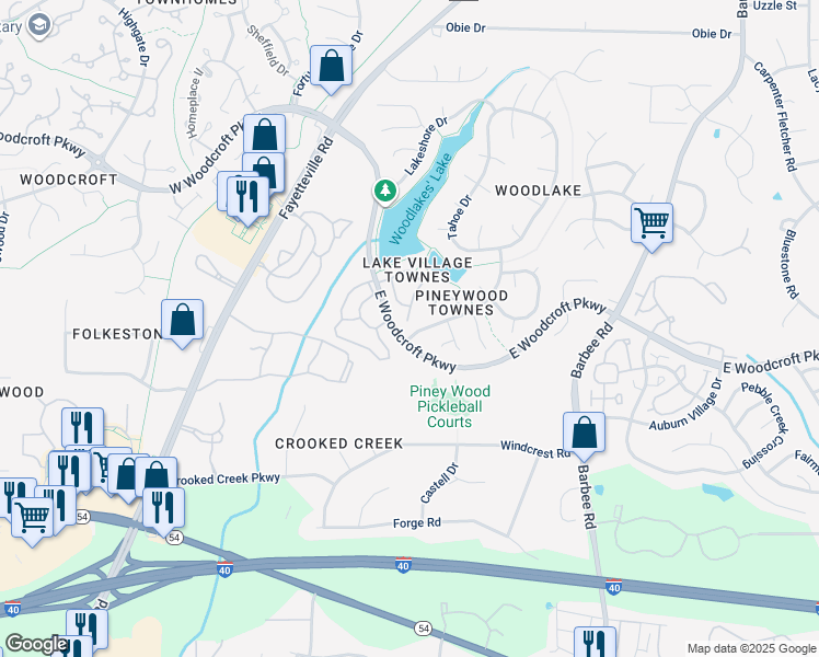 map of restaurants, bars, coffee shops, grocery stores, and more near 63 Lake Village Drive in Durham