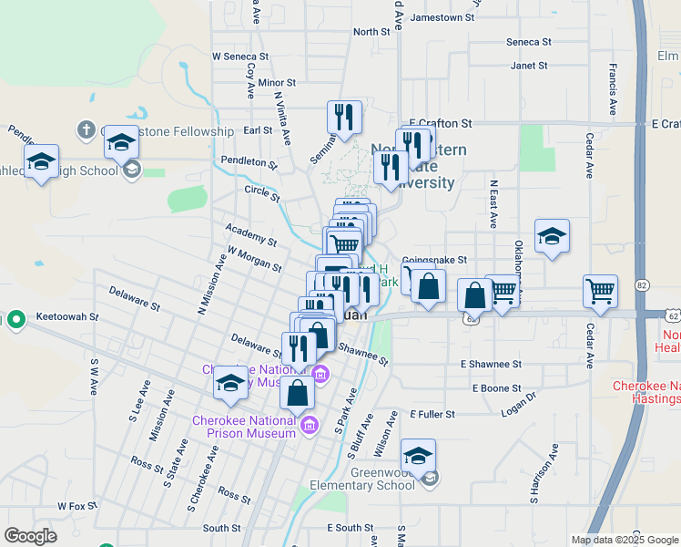 map of restaurants, bars, coffee shops, grocery stores, and more near 109 Spring Street in Tahlequah