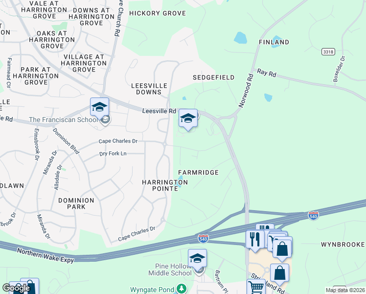 map of restaurants, bars, coffee shops, grocery stores, and more near 6114 Dunzo Drive in Raleigh