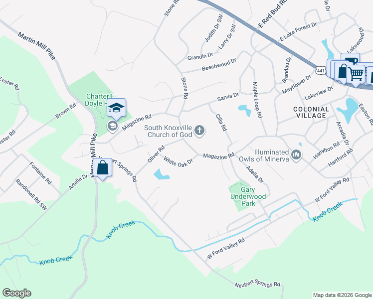 map of restaurants, bars, coffee shops, grocery stores, and more near 5624 Magazine Road in Knoxville