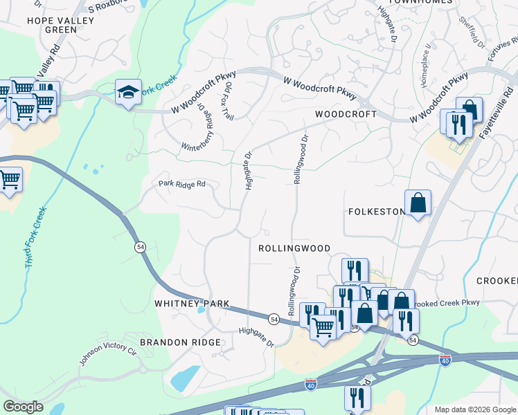 map of restaurants, bars, coffee shops, grocery stores, and more near 4800 Marlborough Way in Durham