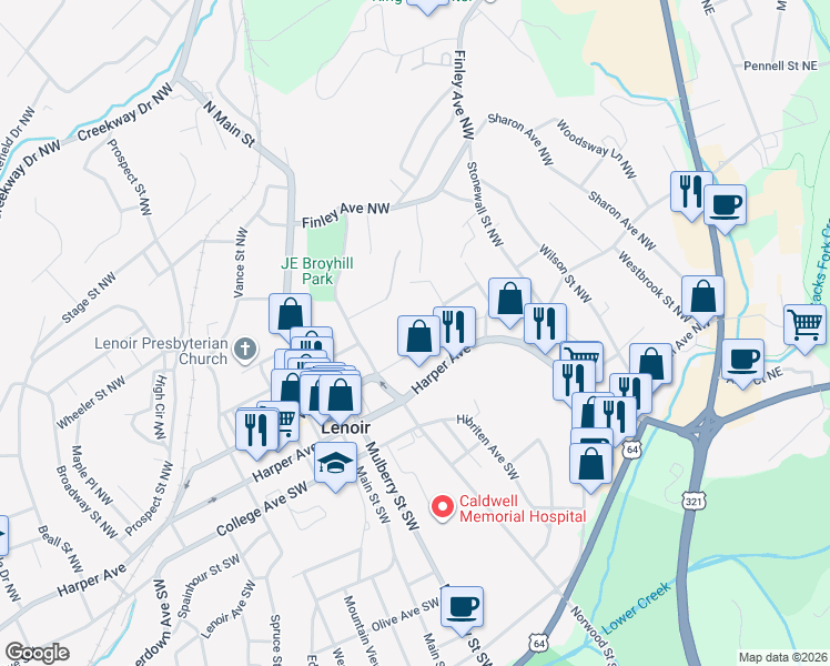 map of restaurants, bars, coffee shops, grocery stores, and more near 506 Harper Avenue in Lenoir