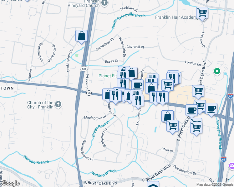 map of restaurants, bars, coffee shops, grocery stores, and more near 1011 Murfreesboro Road in Franklin