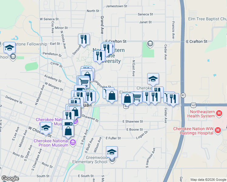 map of restaurants, bars, coffee shops, grocery stores, and more near 319 Goingsnake Street in Tahlequah