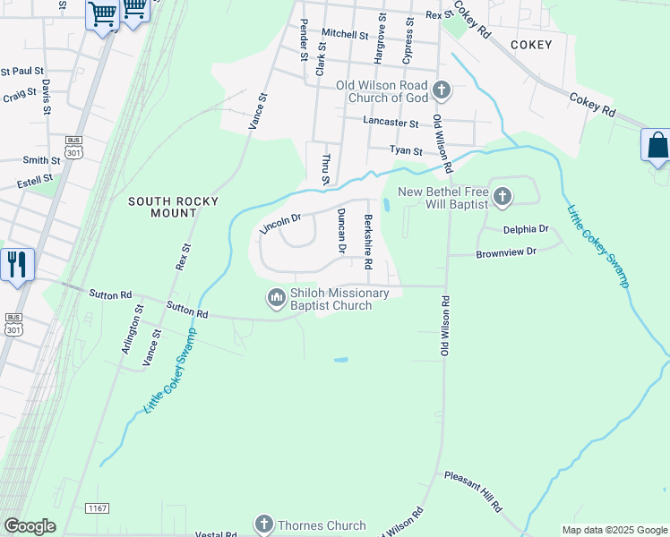 map of restaurants, bars, coffee shops, grocery stores, and more near 525 Lincoln Drive in Rocky Mount