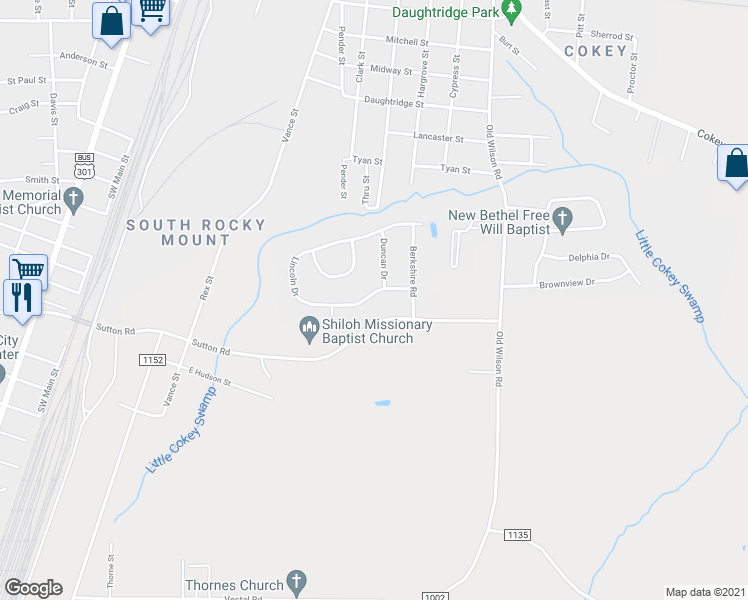 map of restaurants, bars, coffee shops, grocery stores, and more near 525 Lincoln Drive in Rocky Mount