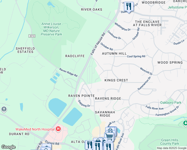 map of restaurants, bars, coffee shops, grocery stores, and more near 10600 Falls of Neuse Road in Raleigh