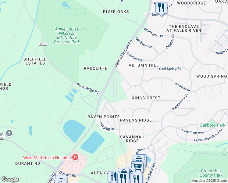 map of restaurants, bars, coffee shops, grocery stores, and more near 10600 Falls of Neuse Road in Raleigh