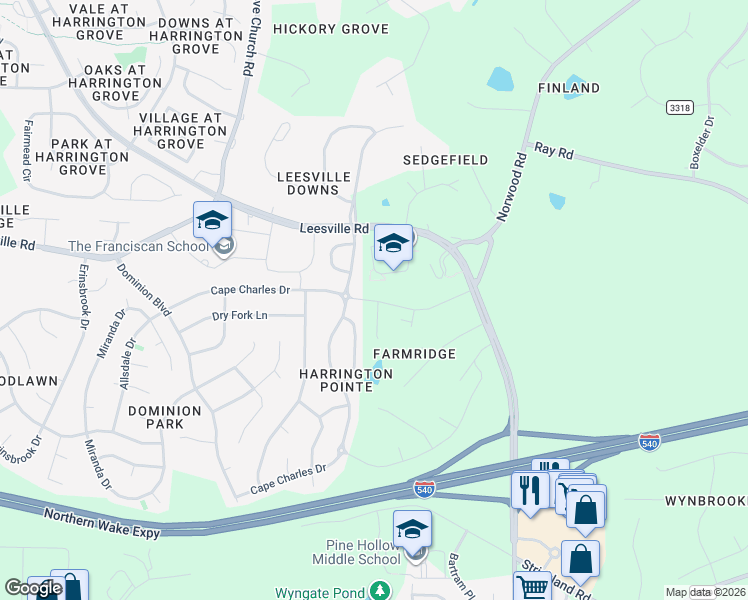 map of restaurants, bars, coffee shops, grocery stores, and more near 9706 Renfield Drive in Raleigh