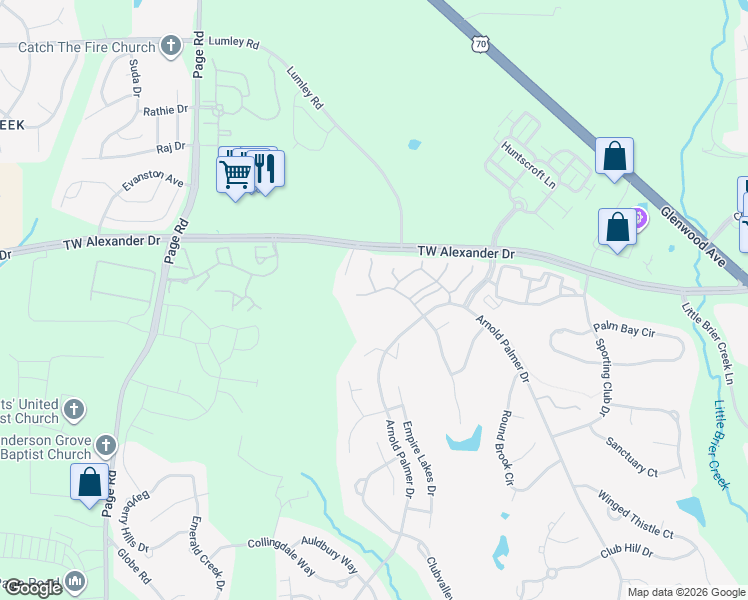 map of restaurants, bars, coffee shops, grocery stores, and more near 11230 Maplecroft Court in Raleigh