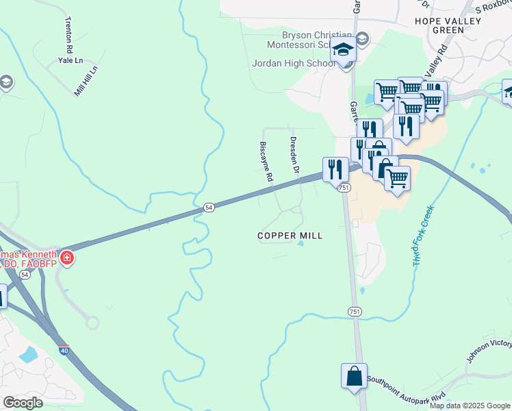 map of restaurants, bars, coffee shops, grocery stores, and more near 8 Mandy Court in Durham
