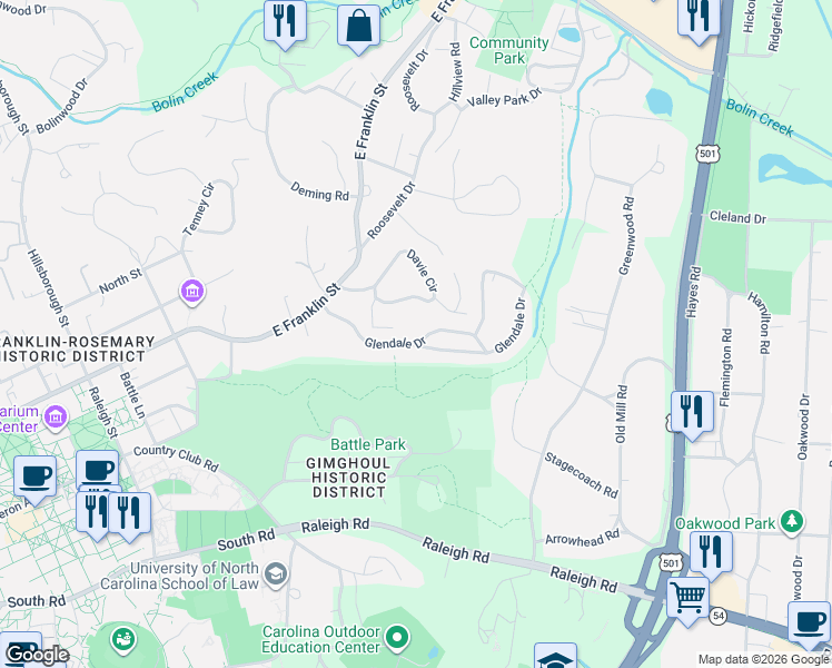 map of restaurants, bars, coffee shops, grocery stores, and more near 207 Glendale Drive in Chapel Hill