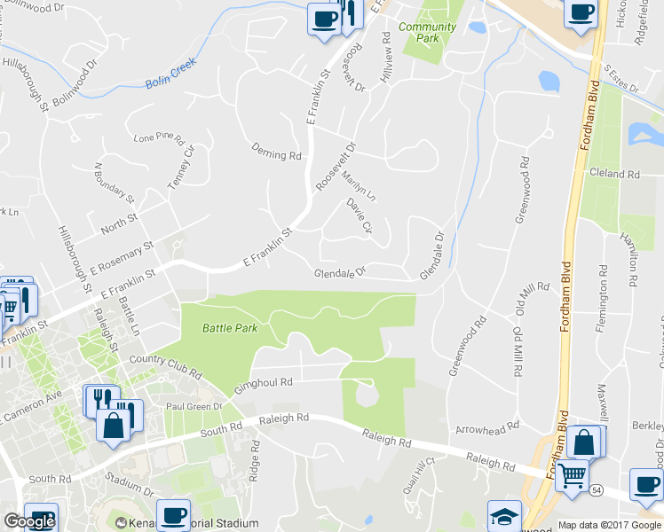 map of restaurants, bars, coffee shops, grocery stores, and more near 105 Jones Street in Chapel Hill