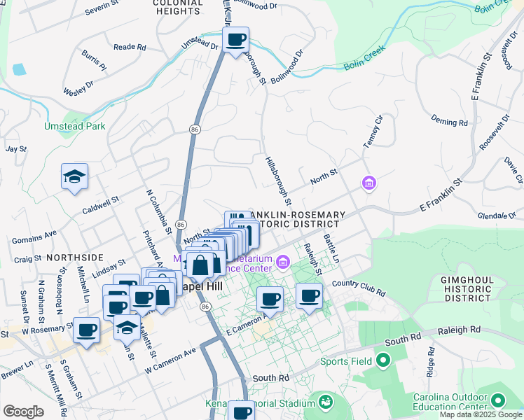 map of restaurants, bars, coffee shops, grocery stores, and more near 210 Cottage Lane in Chapel Hill