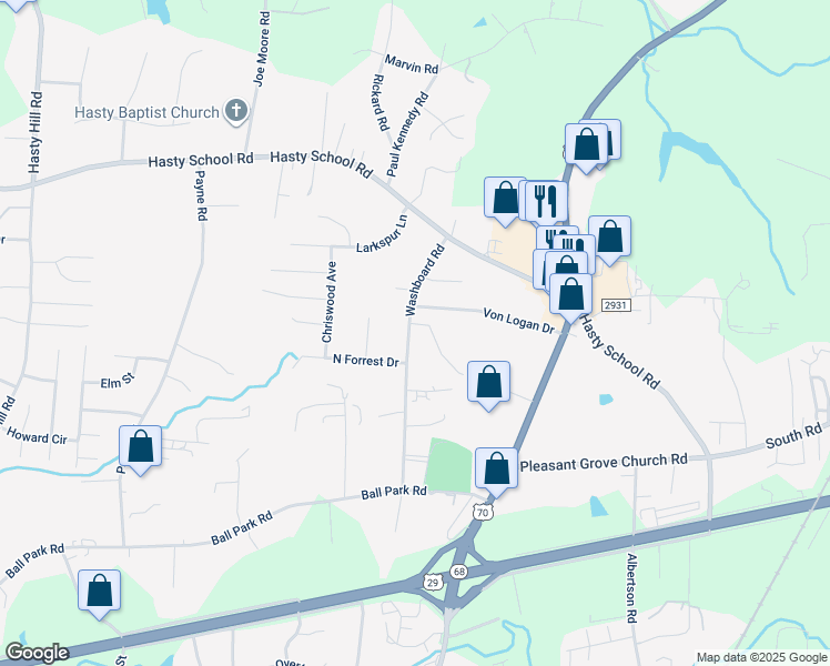 map of restaurants, bars, coffee shops, grocery stores, and more near 306 Washboard Road in Thomasville