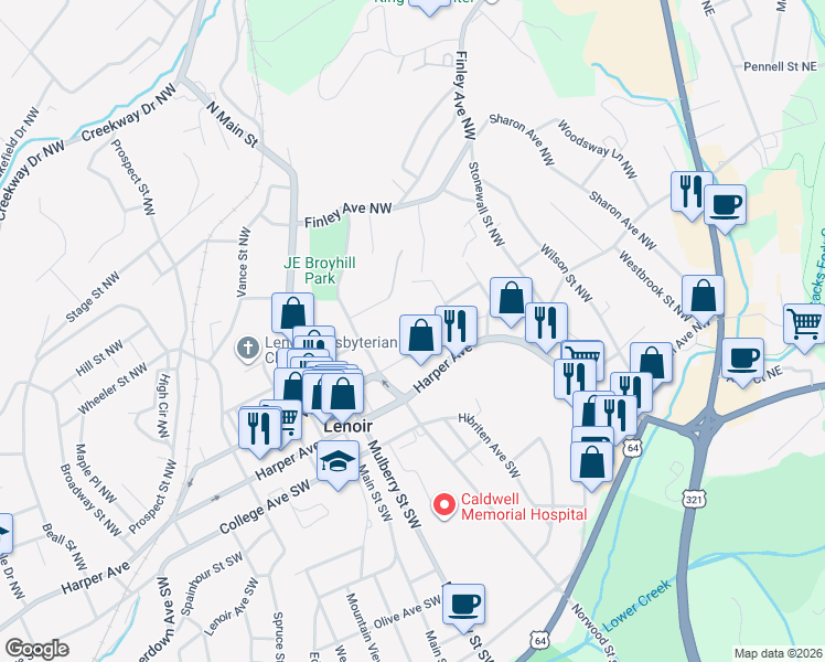 map of restaurants, bars, coffee shops, grocery stores, and more near 506 Harper Avenue in Lenoir
