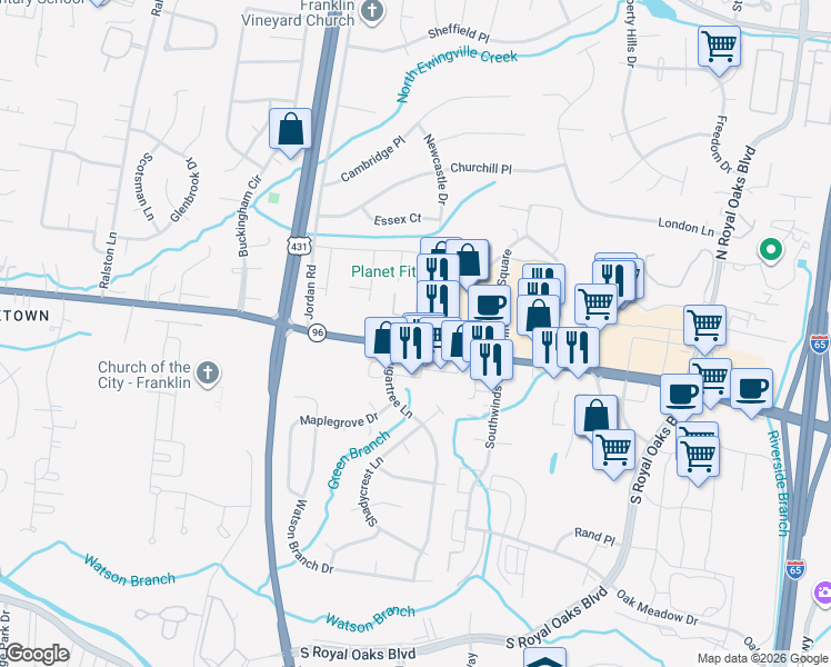 map of restaurants, bars, coffee shops, grocery stores, and more near 1011 Murfreesboro Road in Franklin