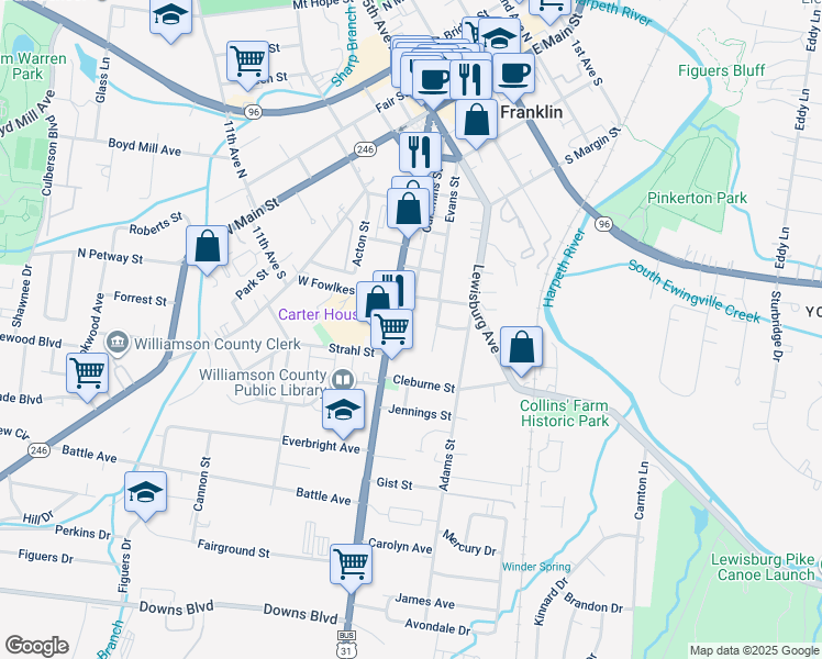 map of restaurants, bars, coffee shops, grocery stores, and more near 1117 Columbia Avenue in Franklin