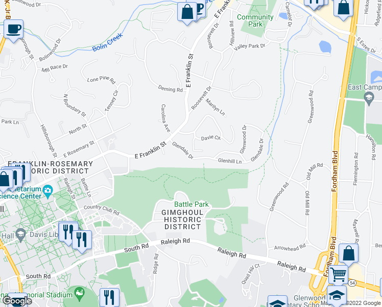 map of restaurants, bars, coffee shops, grocery stores, and more near 110 Hill Street in Chapel Hill
