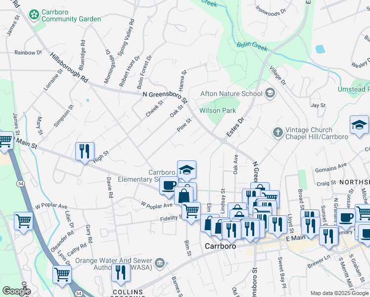 map of restaurants, bars, coffee shops, grocery stores, and more near 109 Sue Ann Court in Carrboro