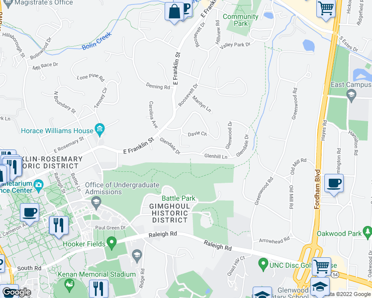 map of restaurants, bars, coffee shops, grocery stores, and more near 206 Hill Street in Chapel Hill