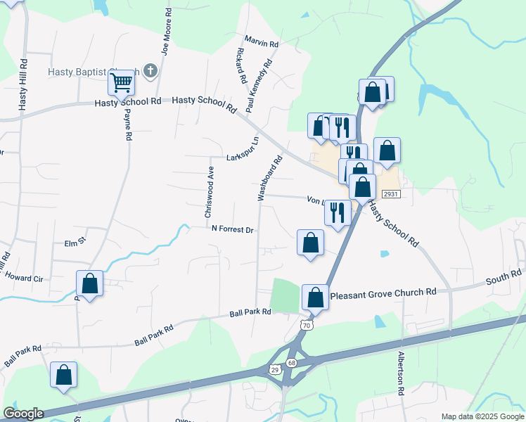 map of restaurants, bars, coffee shops, grocery stores, and more near 306 Washboard Road in Thomasville