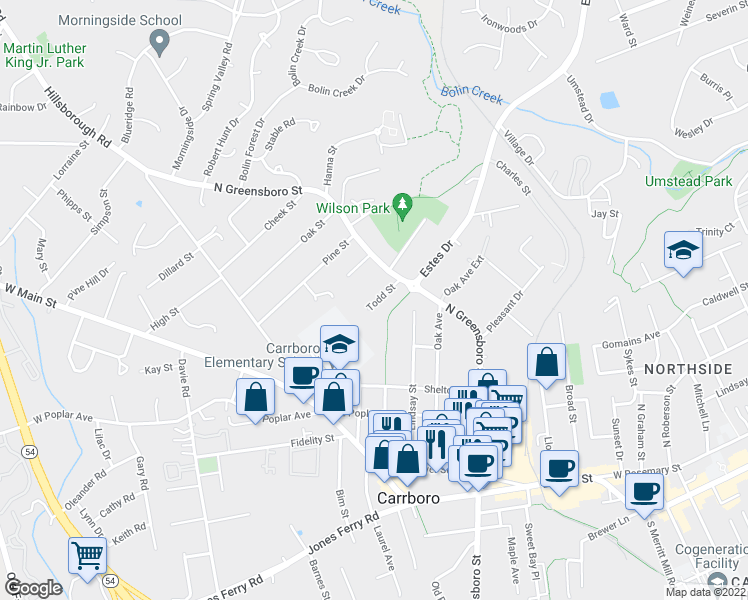 map of restaurants, bars, coffee shops, grocery stores, and more near 108 Todd Street in Carrboro