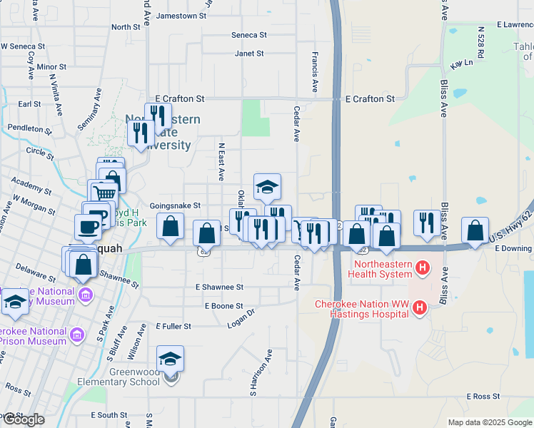 map of restaurants, bars, coffee shops, grocery stores, and more near 800 Goingsnake Street in Tahlequah