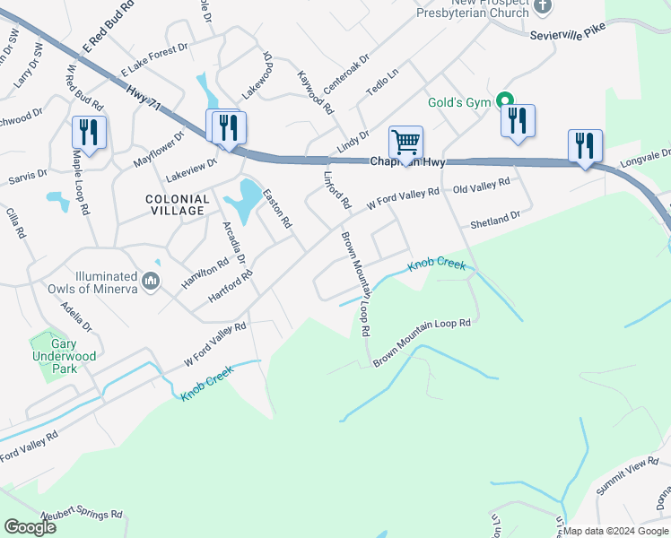 map of restaurants, bars, coffee shops, grocery stores, and more near 205 Mount David Drive in Knoxville