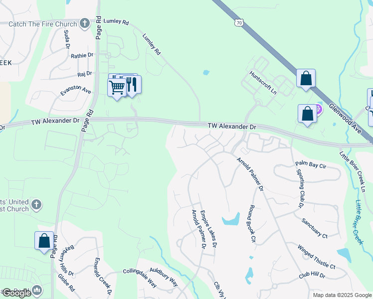 map of restaurants, bars, coffee shops, grocery stores, and more near 11230 Maplecroft Court in Raleigh